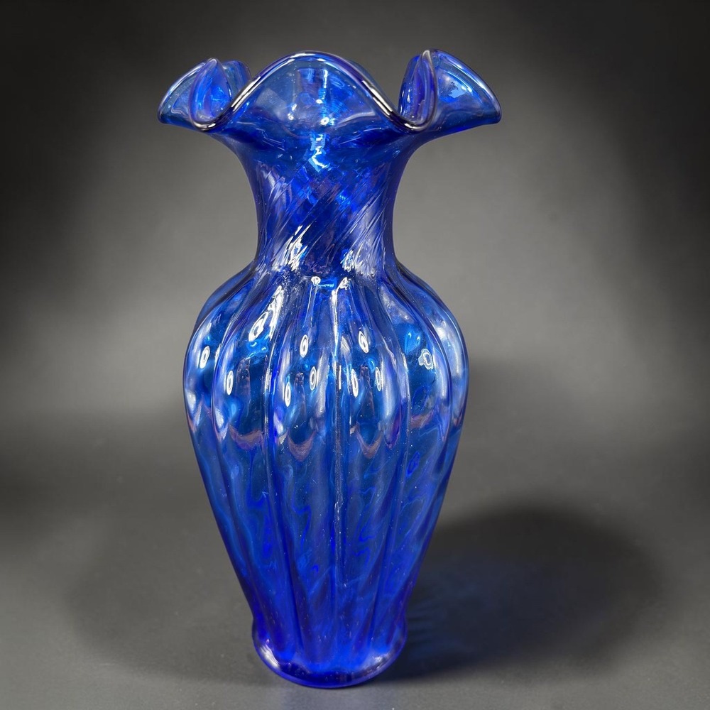 Fenton Cobalt Blue Art Glass Vase Vessel Ruffled Rim Optic Swirl Ribbed 11 Inch